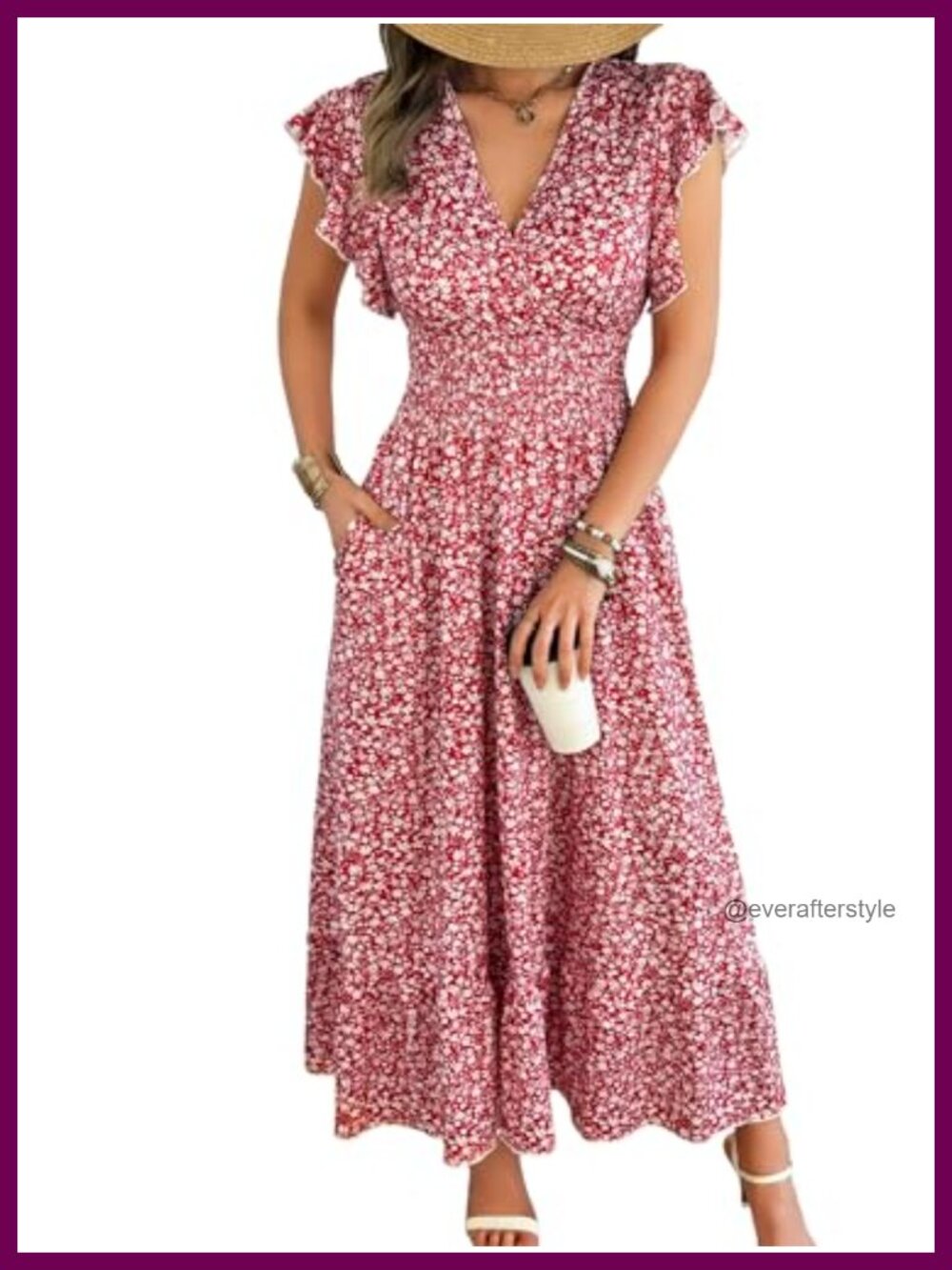 Women's Flowy Maxi Dress Smocked Empire Waist Flutter Sleeve A-Line Summer